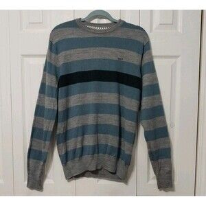 RVCA Mens Lightweight Pullover Sweater Wool Blend Blue Gray Stripe Crew Neck XL